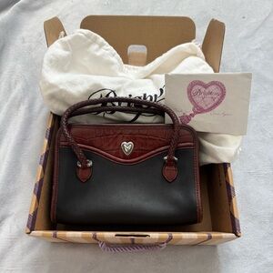 Brighton Black Burgundy Croc Leather Satchel Heart Charm Strap Box Dust Bag
